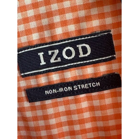 Izod Mens Non-Iron Stretch Orange Checkered Dress Shirt Long Sleeves Easter Med - Picture 9 of 12